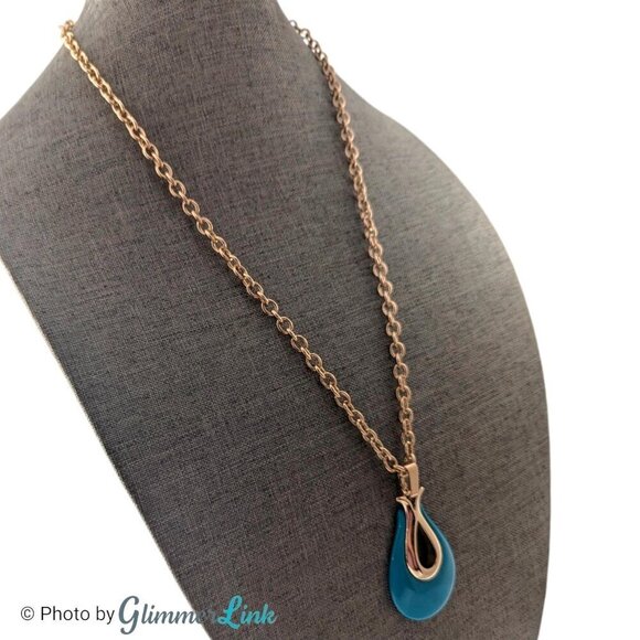 Vintage Sarah Coventry Triple Treat Teal Teardrop Gold Tone Pendant Necklace - Picture 2 of 11